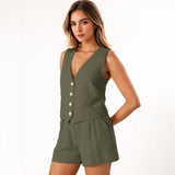 KATCH ME Plain Casual V Neck Button Tank & Wide Leg Shorts Co-ord Co-ord