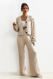 Stylish Beige V Neck Cable-Knit Button Cropped Cardigan & Stretch Wide Leg Trousers Co-ord