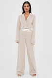 Beige Casual Deep V Button Long Sleeve Cropped Blazer & Color Matching Waist Loose Trousers Co-ord