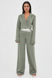 Sage Casual Deep V Button Long Sleeve Cropped Blazer & Color Matching Waist Loose Trousers Co-ord