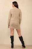 Elegant Camel V-Neck Gold-Toned Button Cable- Knit Cardigan & Stretch Skirt Co-ord