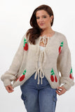 KATCH ME Beige Trendy Scoop Neck Tie Front Cherry Print Loose Cardigan Cardigan