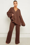 Brown  Casual Knit V Neck Cardigan & Loose Trousers Co-ord