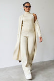 Women's Beige Fall & Winter Knit Turtle Neck Slim Tank & Wide Leg Trousers With Open-Front Long Cardigan Three-Piece Set