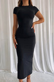 NEW! Summer Plain Round Neck Short Sleeve Bodycon Maxi Dress