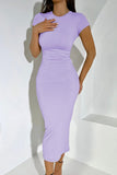 NEW! Summer Plain Round Neck Short Sleeve Bodycon Maxi Dress