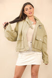 Beige Vintage Street Stand Collar Flap Pocket Zip-Up Cropped Jacket