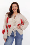 KATCH ME Women's Beige Lovely Heart-Shaped Tie Front Long Sleeve Cardigan Cardigan