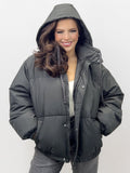 Grey Winter Trendy Solid Color Stand Collar Hooded Zip-Up Loose Cotton Coat