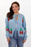 KATCH ME Blue Trendy Scoop Neck Tie Front Cherry Print Loose Cardigan Cardigan