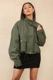 Vintage Stand Collar Flap Pocket Zip-Up Cropped Jacket