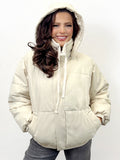 KATCH ME Cream Winter Trendy Solid Color Stand Collar Hooded Zip-Up Loose Cotton Coat Coat