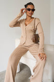 NEW Fall & Winter V Neck Pinstripe Gold-Toned Button Tank & Wide Leg Trousers With Long Sleeve Cardigan Three-Piece Set