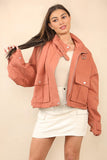 KATCH ME Brick Red Vintage Street Stand Collar Flap Pocket Zip-Up Cropped Jacket Coat