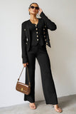 NEW Fall & Winter V Neck Pinstripe Gold-Toned Button Tank & Wide Leg Trousers With Long Sleeve Cardigan Three-Piece Set