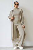 Women's Light Brown Fall & Winter Knit Turtle Neck Slim Tank & Wide Leg Trousers With Open-Front Long Cardigan Three-Piece Set