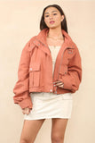 KATCH ME Brick Red Vintage Street Stand Collar Flap Pocket Zip-Up Cropped Jacket Coat