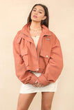 Brick Red Vintage Street Stand Collar Flap Pocket Zip-Up Cropped Jacket