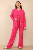 KATCH ME Fuschia Casual Textured Long Sleeve Cardigan & Drawstring Waist Trousers With Knit Tank Three-Piece Sets Co-ord 29.99