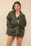 Khaki Street Drawstring Hood Stand Collar Flap Pocket Trench Coat