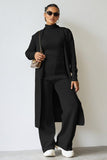 Women's Black Fall & Winter Knit Turtle Neck Slim Tank & Wide Leg Trousers With Open-Front Long Cardigan Three-Piece Set