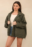 Khaki Street Drawstring Hood Stand Collar Flap Pocket Trench Coat