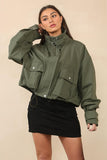 KATCH ME Khaki Vintage Street Stand Collar Flap Pocket Zip-Up Cropped Jacket Coat