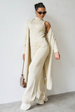 Women's Beige Fall & Winter Knit Turtle Neck Slim Tank & Wide Leg Trousers With Open-Front Long Cardigan Three-Piece Set