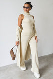 Women's Beige Fall & Winter Knit Turtle Neck Slim Tank & Wide Leg Trousers With Open-Front Long Cardigan Three-Piece Set