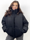 Black Winter Trendy Solid Color Stand Collar Hooded Zip-Up Loose Cotton Coat