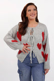 KATCH ME Women's Grey Lovely Heart-Shaped Tie Front Long Sleeve Cardigan Cardigan 25.00