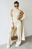 Women's Beige Fall & Winter Knit Turtle Neck Slim Tank & Wide Leg Trousers With Open-Front Long Cardigan Three-Piece Set