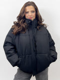 KATCH ME Black Winter Trendy Solid Color Stand Collar Hooded Zip-Up Loose Cotton Coat Coat