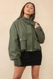 KATCH ME Khaki Vintage Street Stand Collar Flap Pocket Zip-Up Cropped Jacket Coat