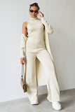 Women's Beige Fall & Winter Knit Turtle Neck Slim Tank & Wide Leg Trousers With Open-Front Long Cardigan Three-Piece Set