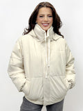 KATCH ME Cream Winter Trendy Solid Color Stand Collar Hooded Zip-Up Loose Cotton Coat Coat 25.99