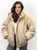 KATCH ME Camel Winter Trendy Solid Color Stand Collar Hooded Zip-Up Loose Cotton Coat Coat 25.99