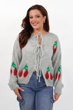 KATCH ME Grey Trendy Scoop Neck Tie Front Cherry Print Loose Cardigan Cardigan