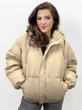 KATCH ME Camel Winter Trendy Solid Color Stand Collar Hooded Zip-Up Loose Cotton Coat Coat