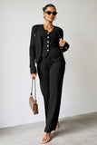 KATCH ME NEW Fall & Winter V Neck Pinstripe Gold-Toned Button Tank & Wide Leg Trousers With Long Sleeve Cardigan Three-Piece Set Co-ord