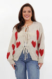 Women's Beige Lovely Heart-Shaped Tie Front Long Sleeve Cardigan