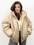 KATCH ME Camel Winter Trendy Solid Color Stand Collar Hooded Zip-Up Loose Cotton Coat Coat